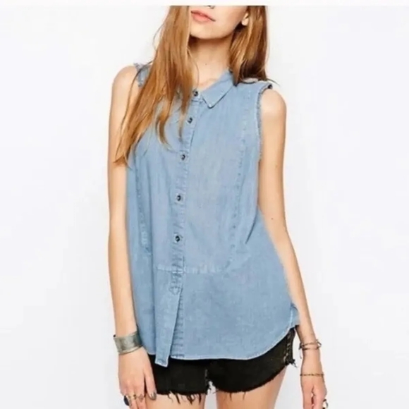 Free People Denim Chambray Sleeveless Frayed Button Down - Picture 1 of 4
